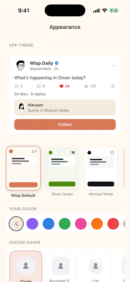 Wisp appearance settings with themes and colors